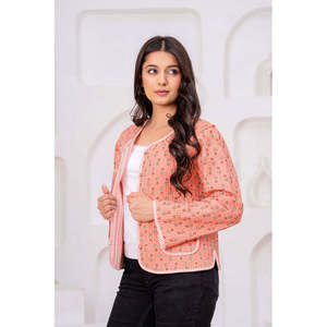 Chaqueta Acolchada de Algodón Hecha a Mano en India, Estampado Floral Color Durazno, Exterior de Cuero Bordado, Logotipo Personalizable, Otoño, Primavera, Invierno, Talla XL - Product Image 5