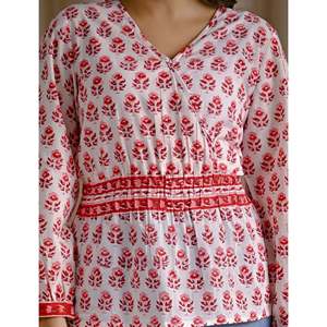 Top Corto Estampado Floral para Mujer, Blanco y Rosa, Algodón Popelina, Estampado a Mano, Logotipo Bordado, Cuello Asimétrico, Tallas XS-XL - Product Image 2