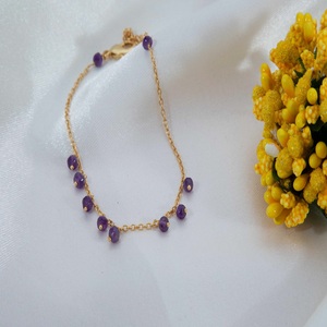 Pulsera de eslabones de cadena fina de Plata de Ley 925 ajustable chapada en oro y rodio con cuentas de amatista para regalo de fiesta de mujer - Product Image 4