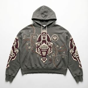 Sudadera con Capucha para Hombre, 500 g/m², Algodón French Terry, Dobladillo Deshilachado, Forrada, Ecológica, Sudadera de Invierno, Bordado Pesado con Puntada de Cadena - Product Image 1