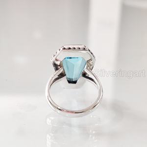 แหวนผู้หญิง พลอยบลูโทแพซธรรมชาติ รูปทรงโลงศพ ของขวัญวันเกิดเดือนพฤศจิกายน ของขวัญวันครบรอบสไตล์ตะวันออก แหวนเงินแท้ 925 ทำมือ - Product Image 6