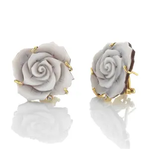 EARRINGS WITH FLORAL CAMEO SARDONYX MM 20/25 HAND-ENGRAVED IN GOLD-PLATED 925 SILVER SETTING WITH PIN AND CLIPS