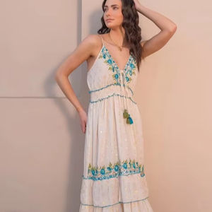 Luxueux coton femmes bleu Floral brodé doré Sequin fabriqué à la main Boho Chic été déclaration ludique Flair Maxi robe - Product Image 1