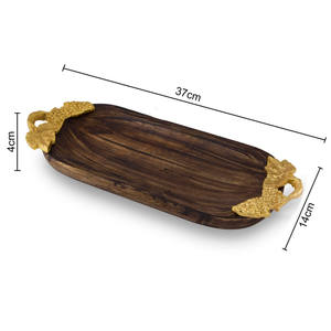 <b>Small</b> Wooden Oval <b>Tray</b> Gold Leaf Handle Hotel Restaurant Market Wedding Bulk Quantity Hot Selling Export Quality Made India - Product Image 4