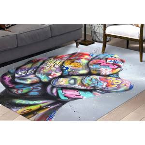 Tapis en laine imprimé patchwork graffiti poing style street art urbain avec envers en latex - Décoration de bureau moderne douce et écologique en non-tissé - Product Image 2