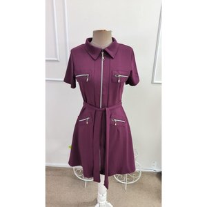 Robe courte en modal pour femme, à manches courtes, col chemise, fermeture éclair sur le devant et poches, 37301 - Bourgogne - Product Image 4