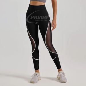 Leggings de sport pour femmes à taille haute avec cordon de serrage et taille élastique, couleur contrastée, maille, gym, yoga, pantalon de levage des hanches, uni - Product Image 3