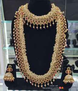 INDIAN TRADITIONAL and <b>FASHIONABLE</b> COPPER <b>JEWELLERY</b> BRIDAL WEDDING <b>JEWELLERY</b> SET for WOMEN EARRINGS and NECKLACE SET - Product Image 1