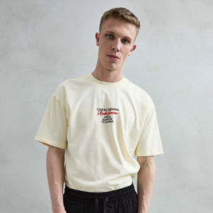 T-Shirt Regular Fit in Cotone 100% Beige Chiaro - 240g, Manica Corta, Stampa Floreale Copacabana, Stile Casual Tropicale - Product Image 1