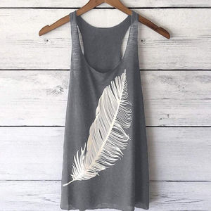 Women's Gray <b>Feather</b> Print Tank <b>Top</b> Scoop Neck Casual Sleeveless Knitted 100% Cotton Breathable Front Logo Design OEM Service - Product Image 3