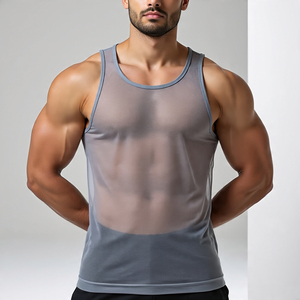 OEM Sheer Mesh T Shirts Short Sets <b>Men's</b> Sleeveless Workout Mesh Singlet <b>Vest</b> Bodybuilding <b>Muscle</b> Sheer Mesh Tops Sets <b>Men</b> - Product Image 4
