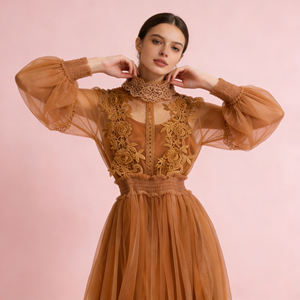 Robe élégante trapèze en dentelle pour femme, col en V, manches mi-longues, en maille lavande personnalisable, ajourée, écologique, décontractée, collection Printemps 2026 - Product Image 2