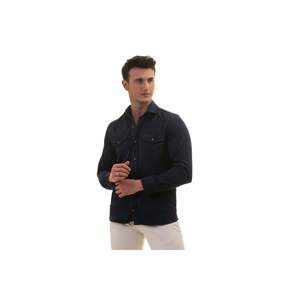 เสื้อทรงสลิมฟิตผ้าฝ้ายสไตล์ตะวันตกสีน้ำเงินเข้มกระเป๋าคู่ - Product Image 4