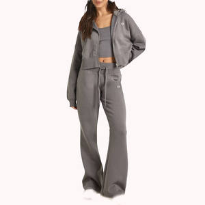 Ensemble sweat-shirt à capuche zippé et pantalon de survêtement évasé pour femme, en molleton de coton, coupe décontractée, taille à cordon, streetwear - Product Image 1