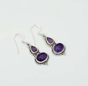 Boucles d'oreilles à crochet en argent sterling 925 avec deux pierres d'améthyste violette, pierre de naissance de février, pour femmes - Product Image 1