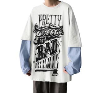 T-shirt graphique à double couche personnalisé 100% coton col montant à manches longues T-shirt à la mode pour hommes coupe surdimensionnée - Product Image 1