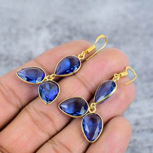 Boucles d'oreilles pendantes en argent sterling 925 plaqué or, forme poire, trois pierres précieuses, quartz tanzanite tendance, faites à la main, cadeau pour femme - Product Image 3