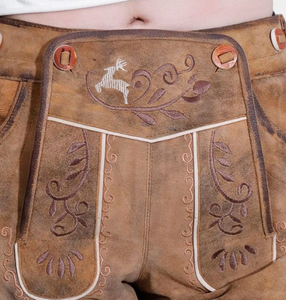 Botones bordados de bolsillos frontales de cuero de ante de cabra genuino corto Lederhosen de alta calidad para mujer - Product Image 5