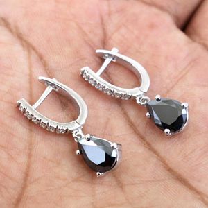 Pear Shape Prong Setting <b>Black</b> And White Diamond <b>Dangle</b> <b>Earrings</b> - Product Image 1