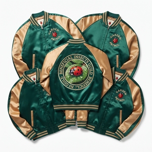 Wholesale Satin Bomber Jacket Royal Blue Yellow Cicada Insect Embroidered Varsity <b>Coat</b> Front Zip Outerwear Direct Factory - Product Image 6