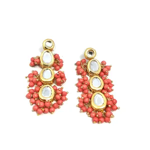 Boucles d'oreilles pendantes plaquées or Polki Kundan roses pour femmes, bijoux de mode - Product Image 1