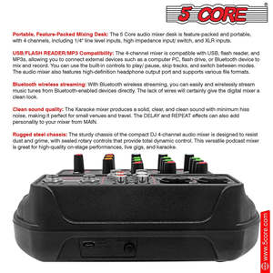 5Core Audio Mixer 4 Channel DJ Soundboard <b>USB</b> Interface Bluetooth Mixing Console w Repeat Delay +48V - Product Image 3