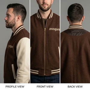 Blouson Bomber Marron pour Homme avec Manches en Cuir Crème, Col et Poignets en Maille Côtelée Mélange de Laine Personnalisé, Veste Décontractée Streetwear, Vente en Gros - Product Image 5