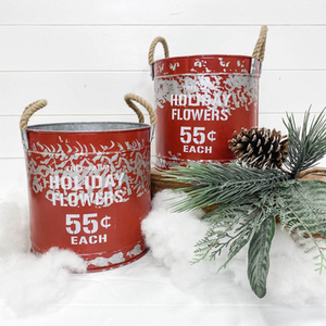 Lata de cubo galvanizada con forma redonda Color rojo vibrante Acabado Perfecto PARA LOS REGALOS FESTIVOS más vendidos Juego de mango de cuerda de 2 - Product Image 1