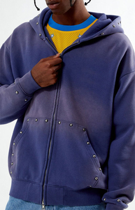 Sweats à capuche zippés sur mesure pour hommes pierre de poche prix de gros épaule tombante surdimensionnée délavée au soleil avec design unisexe à motifs - Product Image 3