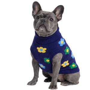 Suéter de punto para perro con diseño floral, azul, verde, amarillo, cálido para invierno, jersey suave de punto para mascotas, ropa cómoda para perros - Product Image 1