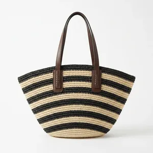Bolso Tote de Rafia Hecho a Mano en Madagascar, Marca ANA, con Cierre de Cremallera, Forro de Poliéster, Rayas Beige y Naranja, Estilo Bohemio, Bolso de Verano - Product Image 3