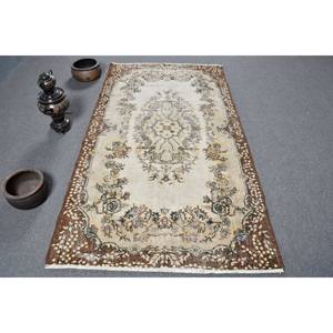 พรมขนแกะสไตล์ตุรกีโบราณสีเบจสีน้ำตาล4x7ft วินเทจสำหรับห้องโถงห้องนอนยางสำหรับห้องนั่งเล่น - Product Image 1