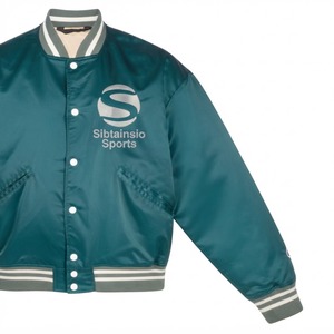 Chaqueta Bomber de Satén Color Verde Azulado con Cuello, Puños y Dobladillo de Punto Acanalado con Rayas Bordadas y Botones a Presión, Chaqueta de Béisbol Premium OEM - Product Image 3