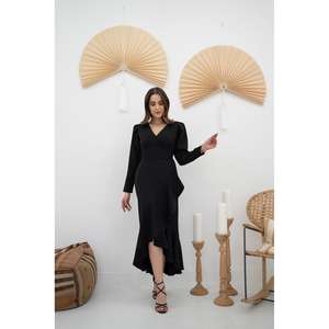 Vestido de satén al por mayor con cintura negra con volantes y silueta natural - Product Image 4