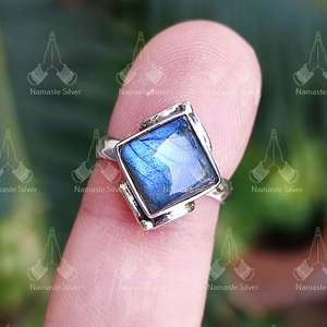 Handmade Women's Silver <b>Labradorite</b> <b>Ring</b> Natural Square Sterling Gemstone Jewelry with Inlay Setting Labrodorite Gift - Product Image 3