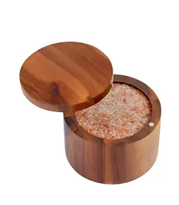 Acacia Muối Hầm 4x2.75 inch gỗ muối hộp & gia vị hộp với xoay Bìa Muối thủ môn gỗ Jar cho nhà bếp hoàn hảo
