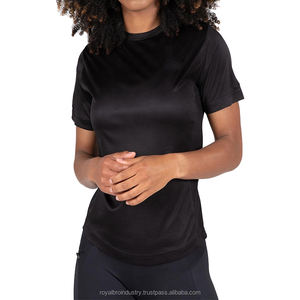 Camiseta de poliéster 100% con cuello redondo estampado y logotipo personalizado para mujer, camiseta transpirable ligera de ajuste Regular para entrenamiento, camiseta con dobladillo curvo elástico - Product Image 5