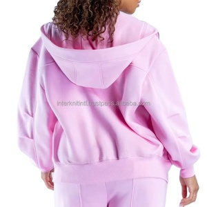 Sudadera con capucha de forro polar extragrande con logo bordado personalizado y cremallera completa de doble cara para mujer, estilo pullover, con hombros caídos, esencial - Product Image 4