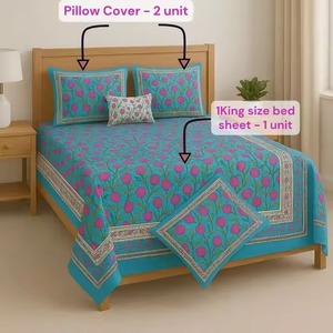 Vua Kích Thước Ấn Độ Tay Khối In Cao Cấp Sang Trọng Tinh Khiết Bông Bedsheet (90X108 Inch) Ánh Sáng Màu Hồng Màu Xanh Khăn Trải Giường Bộ Đồ Giường Bộ - Product Image 6