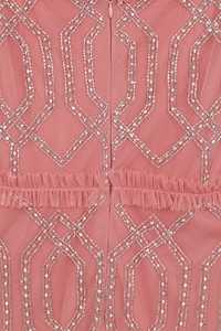 Élégant robe de cocktail vintage demi-longueur col rond en poly maille haute perlée motif brodé de paillettes cristal fête formelle décontracté - Product Image 4