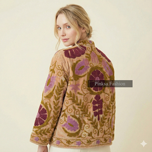 Chaqueta de punto de terciopelo de algodón Suzani |   Abrigo Bohemio para Mujer Otoño/Invierno |   Patrón Floral Bordado Transpirable y Resistente al Viento - Product Image 3