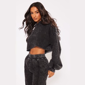 New Design Women's Cotton Drawstring Crop <b>Top</b> Hoodie <b>Winter</b> Workout Training Gym Cropped Hoodies with Front Logo Drop Shoulder - Product Image 6