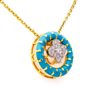 สร้อยคอจี้ดอกไม้เคลือบทองหรูหรา ประดับเพชรทรงกลมสีน้ำเงิน สำหรับงานแต่งงานแบบบูติก - Product Image 1