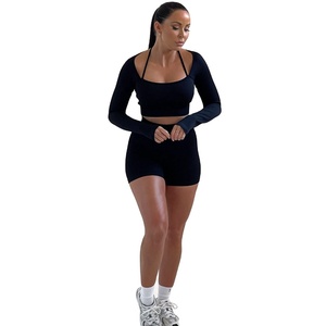 Gran oferta 2025, traje deportivo de dos piezas para mujer, Top corto ajustado de punto acanalado, pantalones cortos de manga larga, diseño Halter sólido, botón 6XL de invierno - Product Image 3