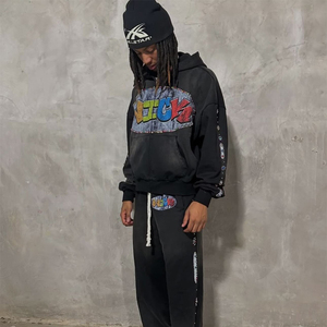 เสื้อฮู้ดผู้ชายแขนลูกปัดพลอยเทียมโอเวอร์ไซซ์เสื้อมีซิปฟอกฟอกสไตล์วินเทจ - Product Image 5