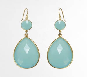 Pendiente de gancho de Calcedonia de agua natural 925 Plata de Ley 18K Pendiente chapado en oro para mujeres y niñas - Product Image 5