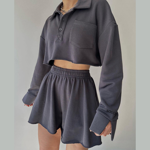 Ensembles courts 2 pièces de jogging pour femmes avec logo imprimé bouffant personnalisé Survêtement d'été Fabricant de survêtements en coton pour femmes - Product Image 5