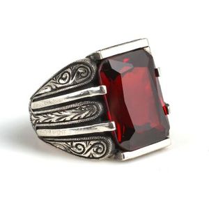 Geometric 925 Sterling Silver Rhodium-Plated Men's <b>Ring</b> with Rectangular Garnet Stone for Everyday Wear & Gifts - Product Image 2