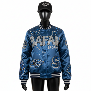 Chaquetas de Satén Premium para Mujer, Tela Lisa y Brillante, Diseño de Paneles Múltiples en Azul, con Logotipo Personalizado Bordado y Parches - Product Image 1