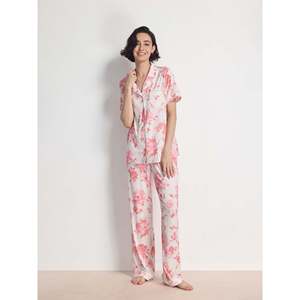 Conjunto de Pijama Clásico Suave para Mujer, de Bambú con Cintas a Rayas, Manga Corta, Tejido, Logotipo Personalizado, Media Cintura con Cordón, Primavera - Product Image 4